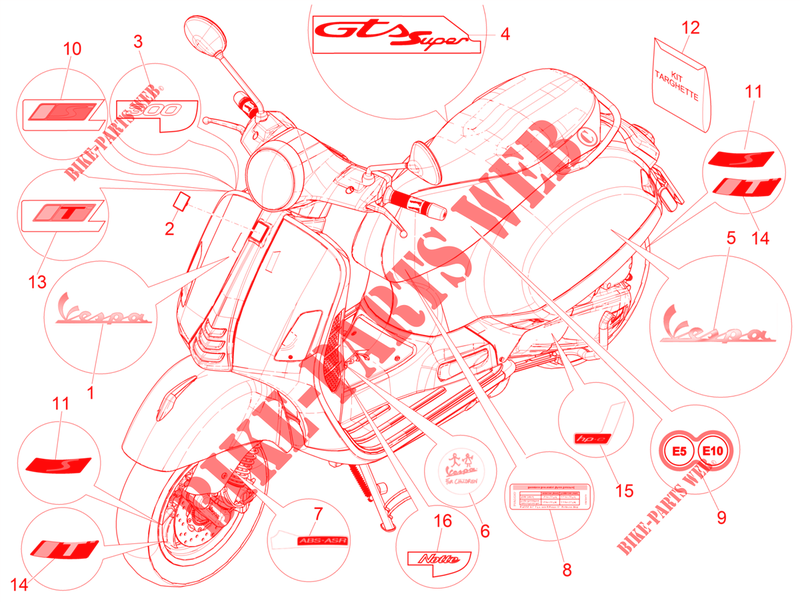 STICKERS   LABELS for VESPA GTS 300 Supertech HPE 4T/4V ie ABS Euro 4 2018